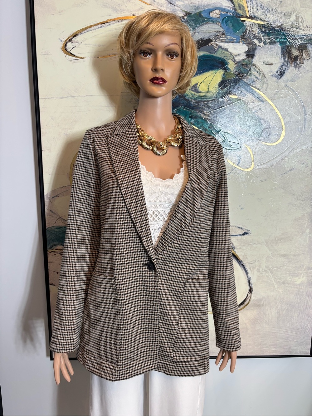 H&M Brown Houndstooth Single-Button Blazer